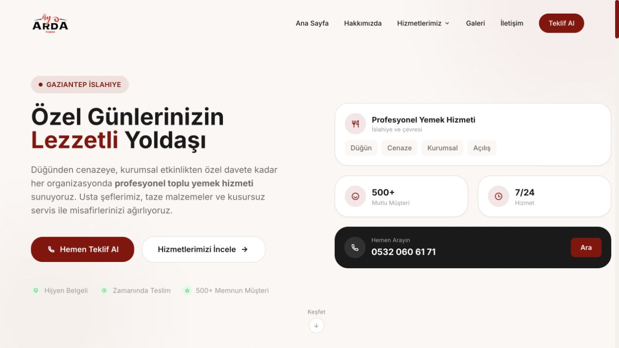 Arda Yemek web sitesi ana sayfa ekran görüntüsü