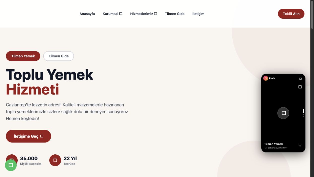 Tilmen Yemek web sitesi ana sayfa ekran görüntüsü